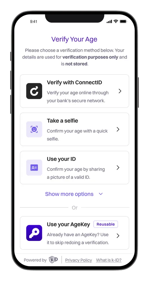 Mobile screen showing age verification options including ConnectID, selfie, ID photo, and reusable AgeKey with related descriptions.