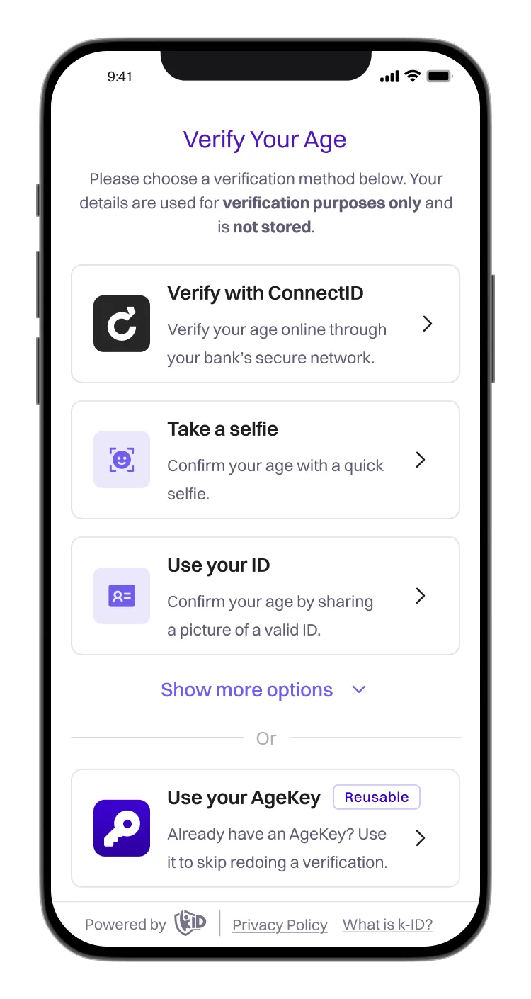 Mobile screen showing age verification options including ConnectID, selfie, ID photo, and reusable AgeKey with related descriptions.