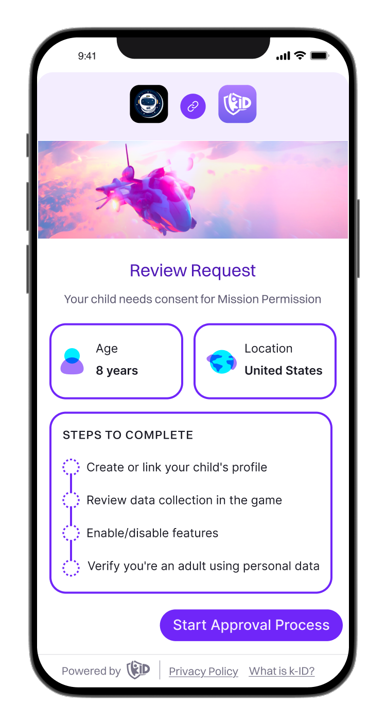 Mobile screen showing a Review Request for Mission Permission consent with child's age 8 years and location United States, and steps to complete for approval.