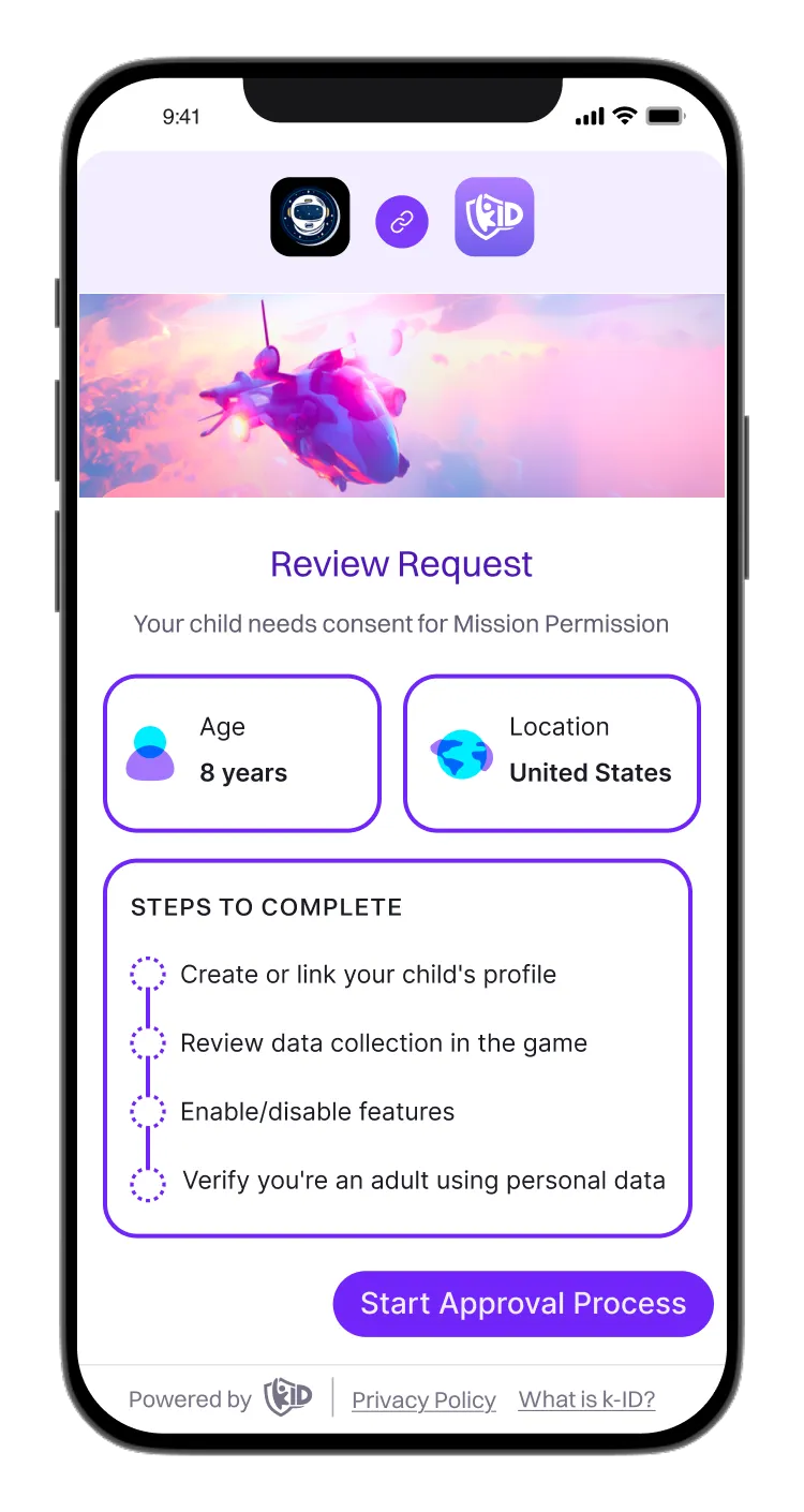 Mobile screen showing a Review Request for Mission Permission consent with child's age 8 years and location United States, and steps to complete for approval.