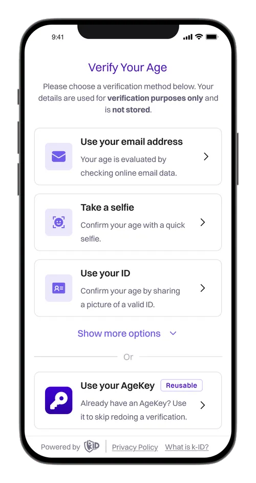 Mobile screen titled Verify Your Age showing options to verify age using email address, selfie, ID, or reusable AgeKey.