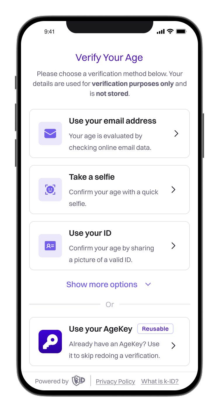 Mobile screen titled Verify Your Age showing options to verify age using email address, selfie, ID, or reusable AgeKey.
