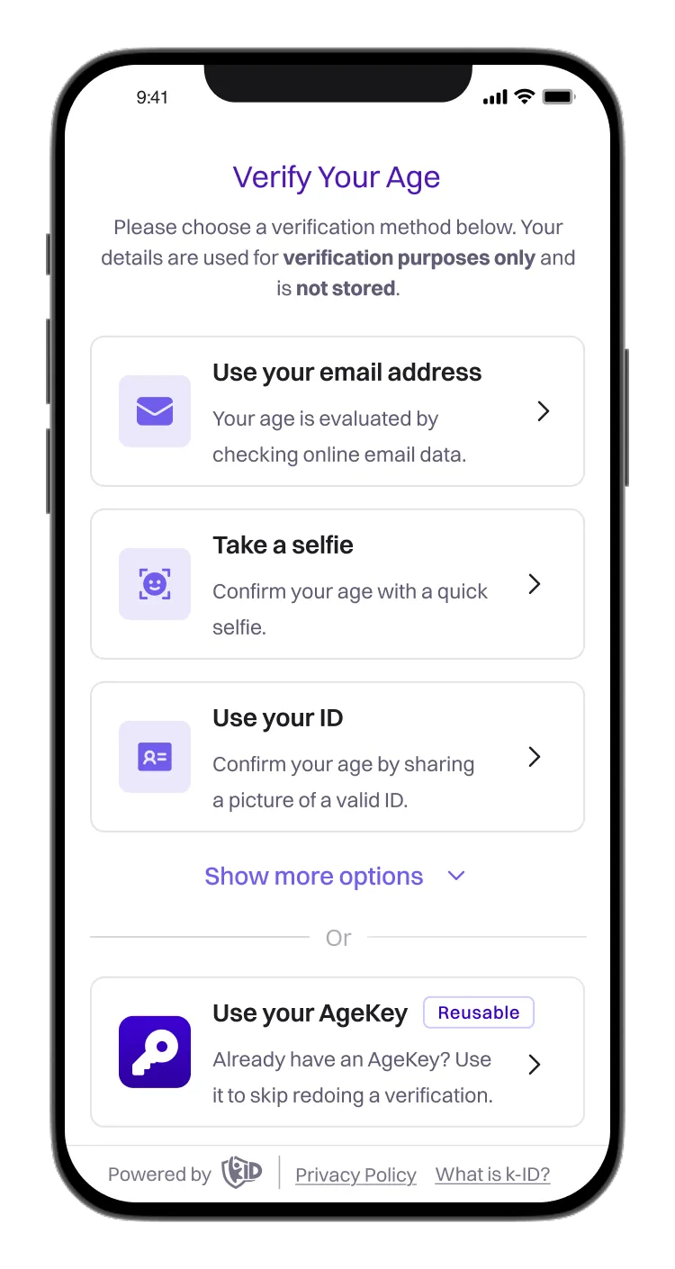 Mobile screen titled Verify Your Age showing options to verify age using email address, selfie, ID, or reusable AgeKey.