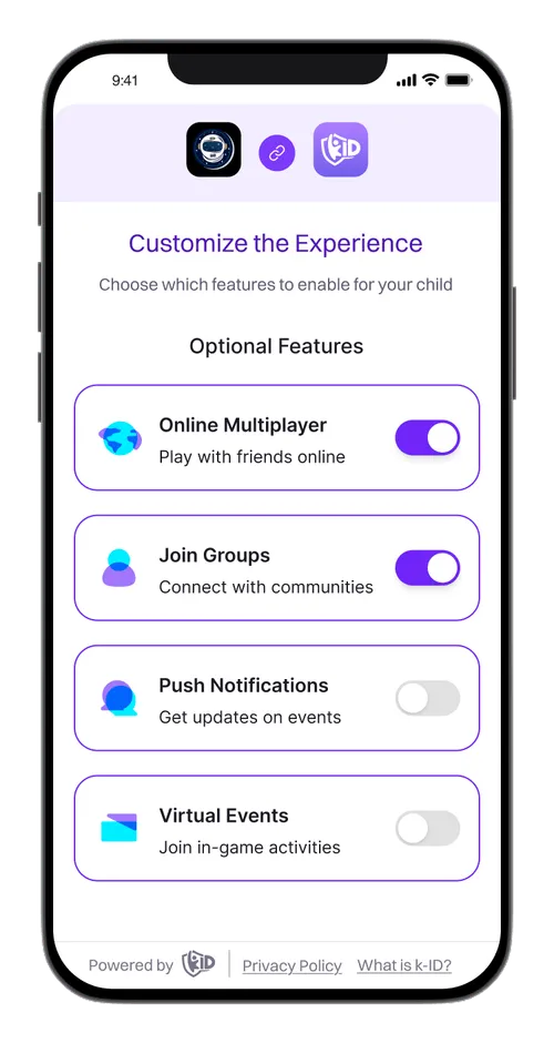 Mobile screen showing customization options with toggles for optional features: Online Multiplayer and Join Groups enabled, Push Notifications and Virtual Events disabled.