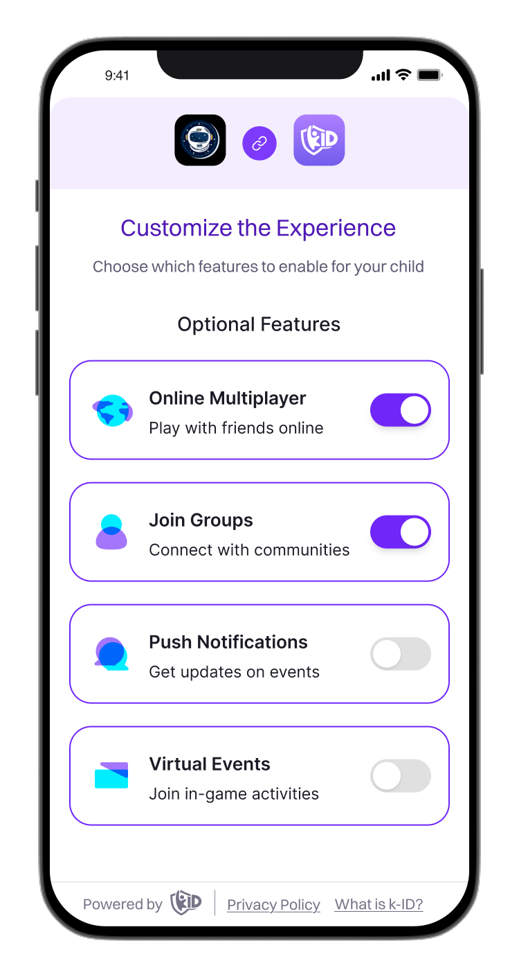 Mobile screen showing customization options with toggles for optional features: Online Multiplayer and Join Groups enabled, Push Notifications and Virtual Events disabled.