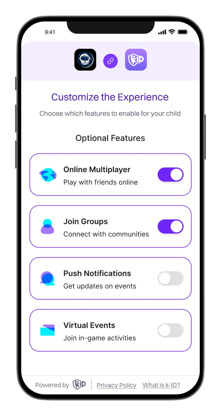 Mobile screen showing customization options with toggles for optional features: Online Multiplayer and Join Groups enabled, Push Notifications and Virtual Events disabled.