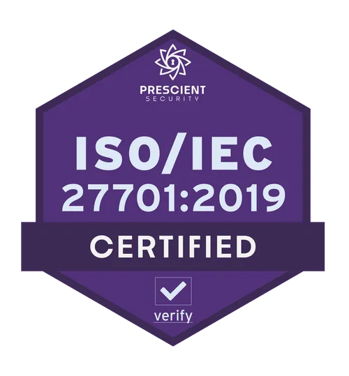 Purple hexagonal badge with Prescient Security logo and text reading ISO/IEC 27701:2019 Certified with a checkmark and 'verify' link.
