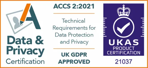 ACCS 2:2021 Data & Privacy Certification logo with text stating technical requirements for data protection and privacy, UK GDPR approved, and UKAS product certification mark with number 21037.