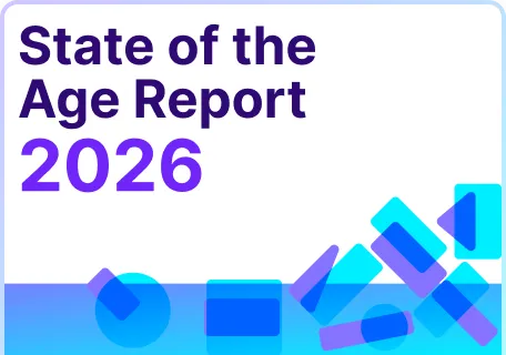 Graphic with text 'State of the Age Report 2026' in purple and blue, with abstract blue and purple geometric shapes on a light background.