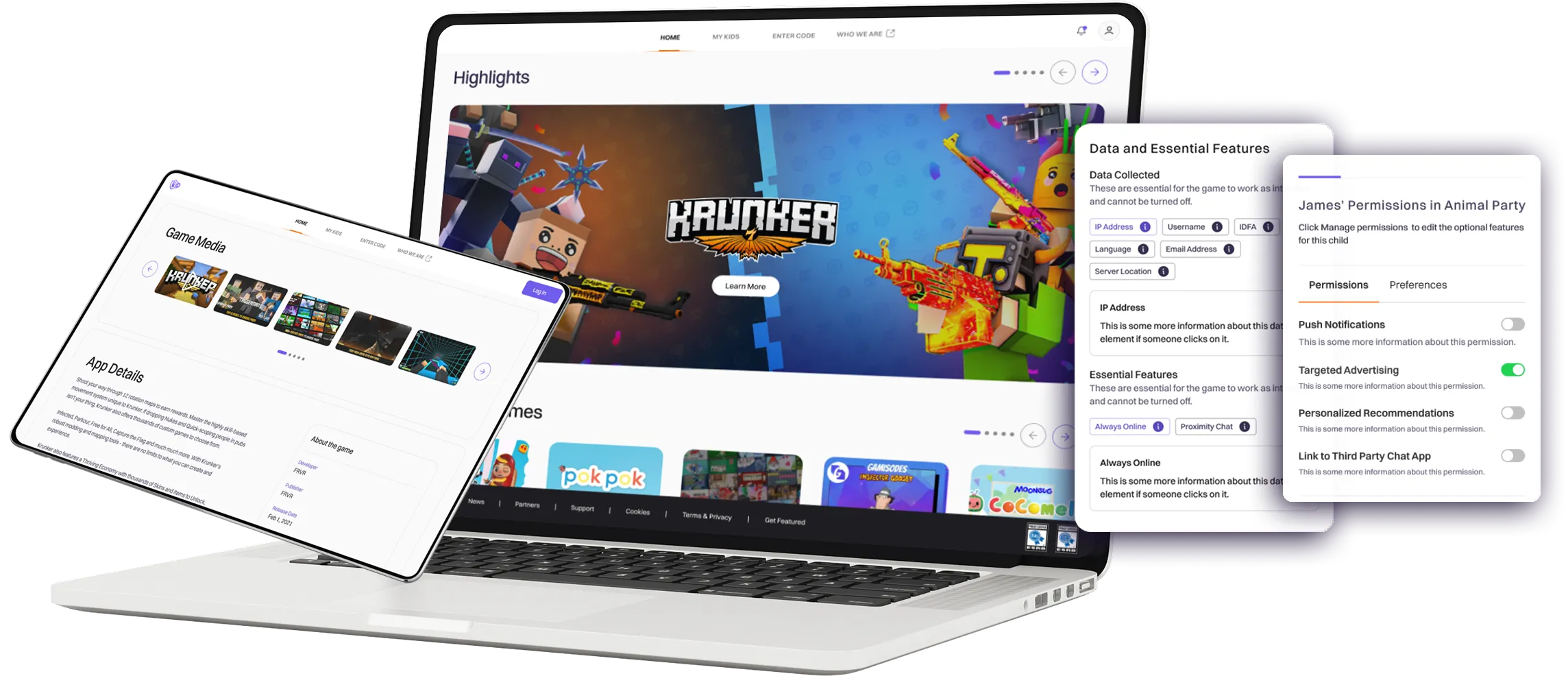 Laptop displaying a colorful game called Krunker on a family-focused platform, with an overlay tablet showing game media details and a permissions panel for managing child account settings.