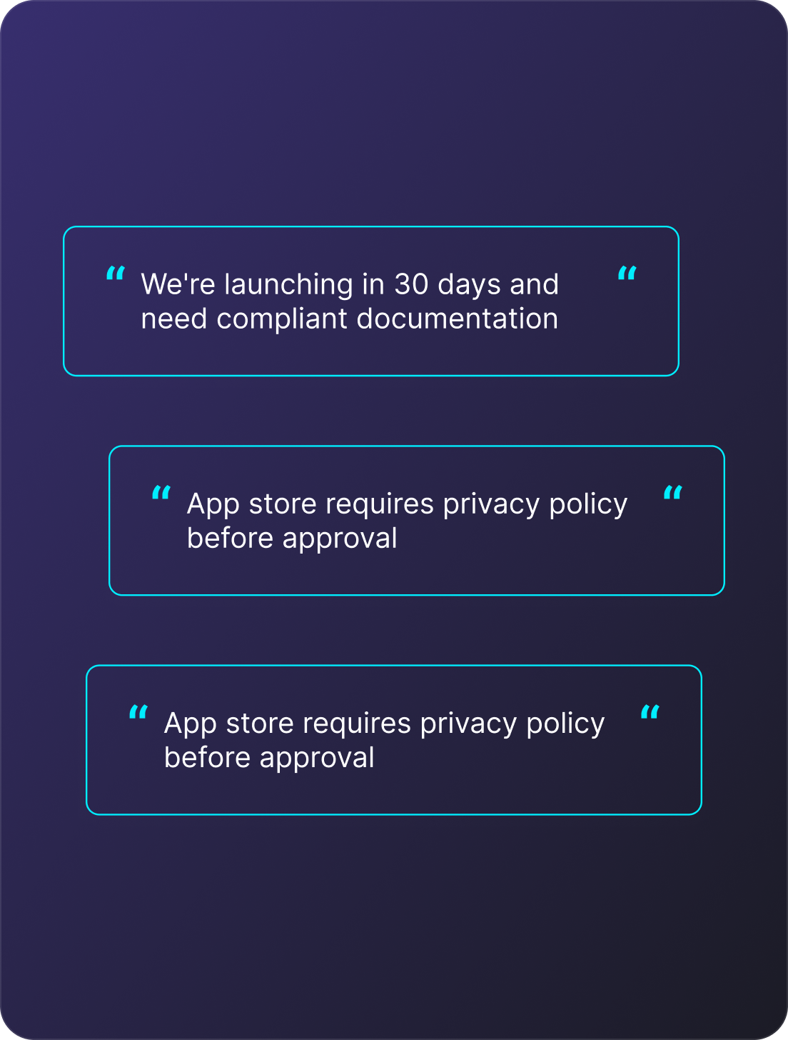 Three text boxes with quotes: 'We're launching in 30 days and need compliant documentation,' and two boxes stating 'App store requires privacy policy before approval.'