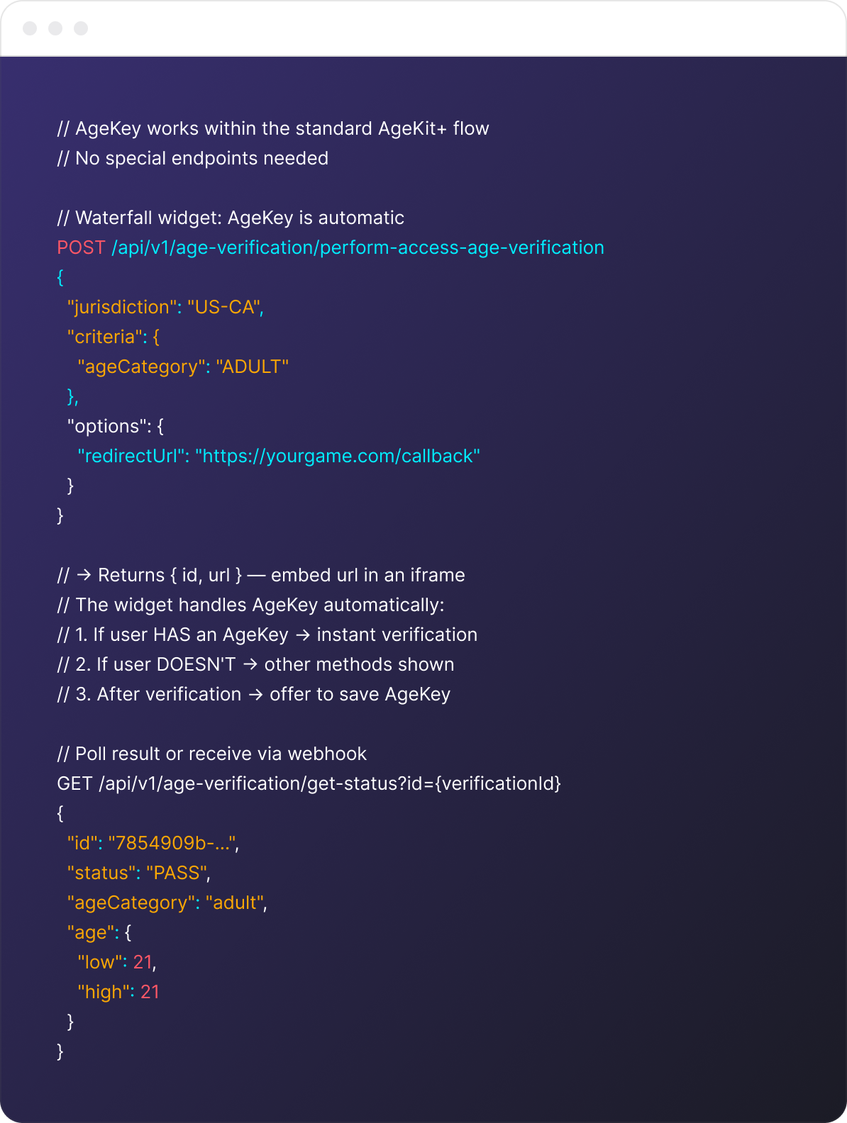 Code snippet showing AgeKey API usage for age verification with POST and GET requests, including JSON payload and response structure.