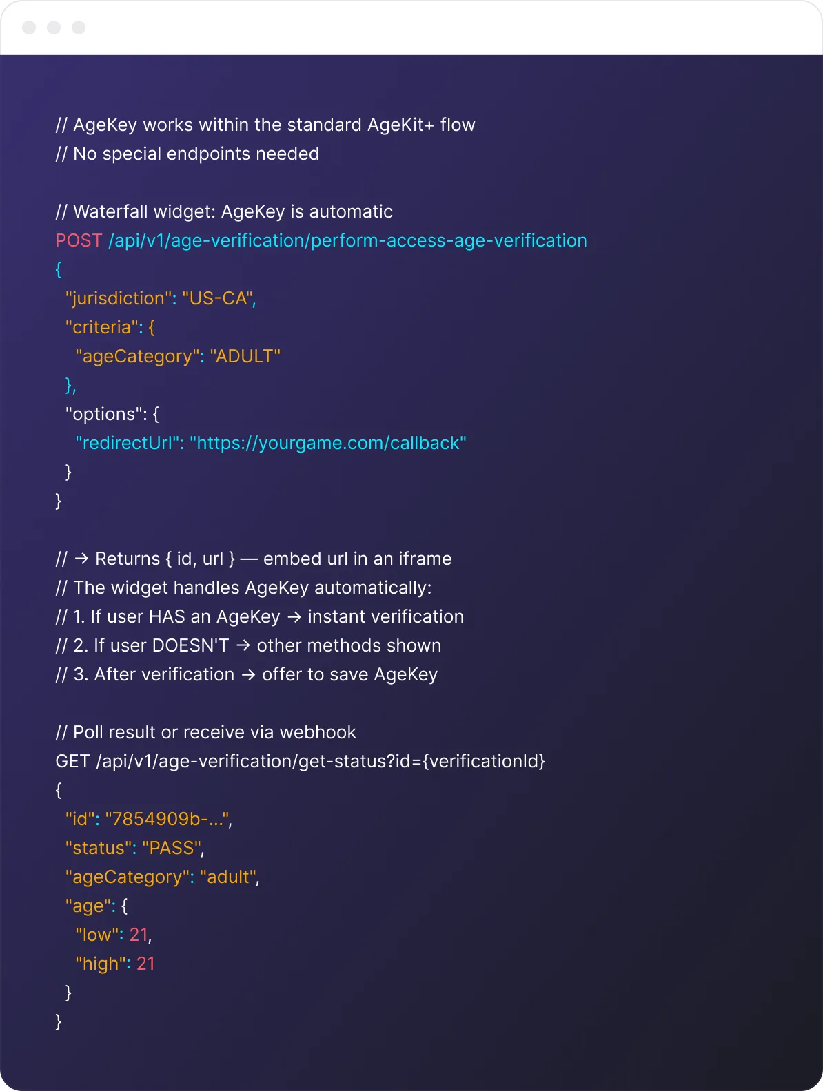 Code snippet showing AgeKey API usage for age verification with POST and GET requests, including JSON payload and response structure.