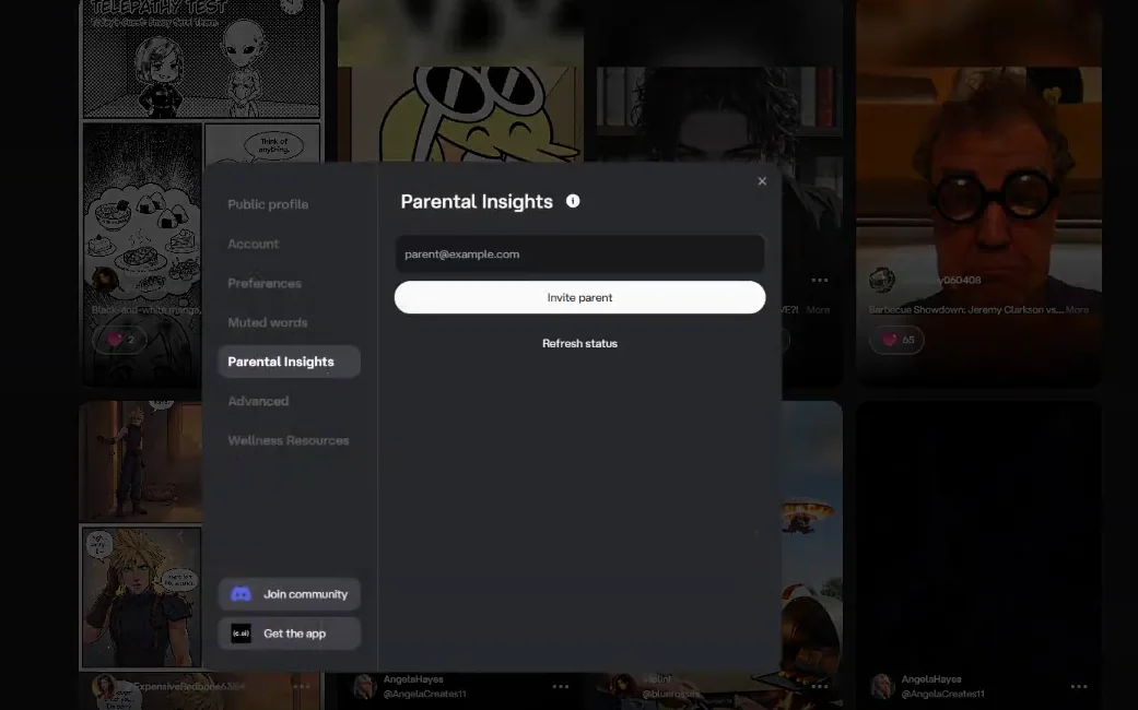 Character.AI Parental Insights invite, in dark mode