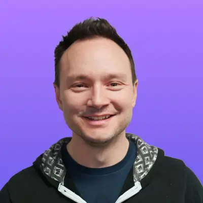 User headshot against purple background