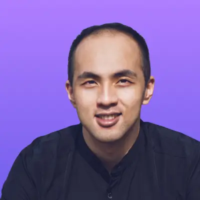 User headshot against purple background