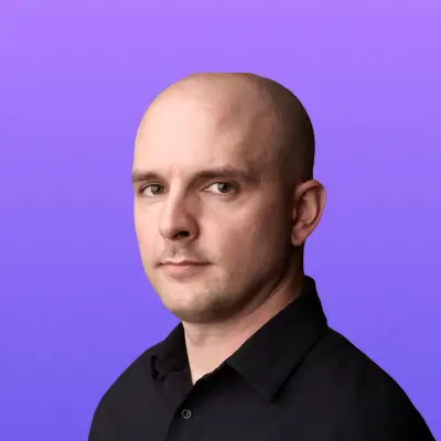 User headshot against purple background