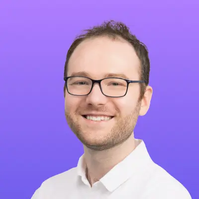 User headshot against purple background