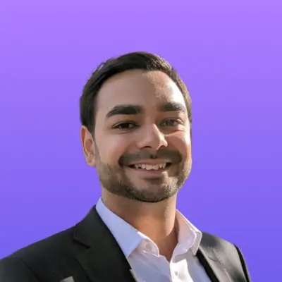 User headshot against purple background