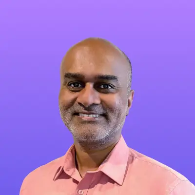 User headshot against purple background