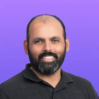 User headshot against purple background