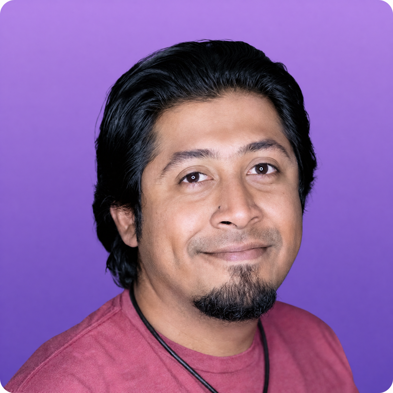 User headshot against purple background