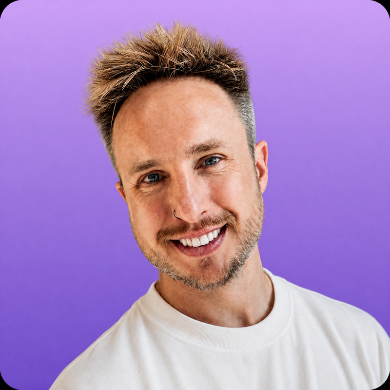 User headshot against purple background