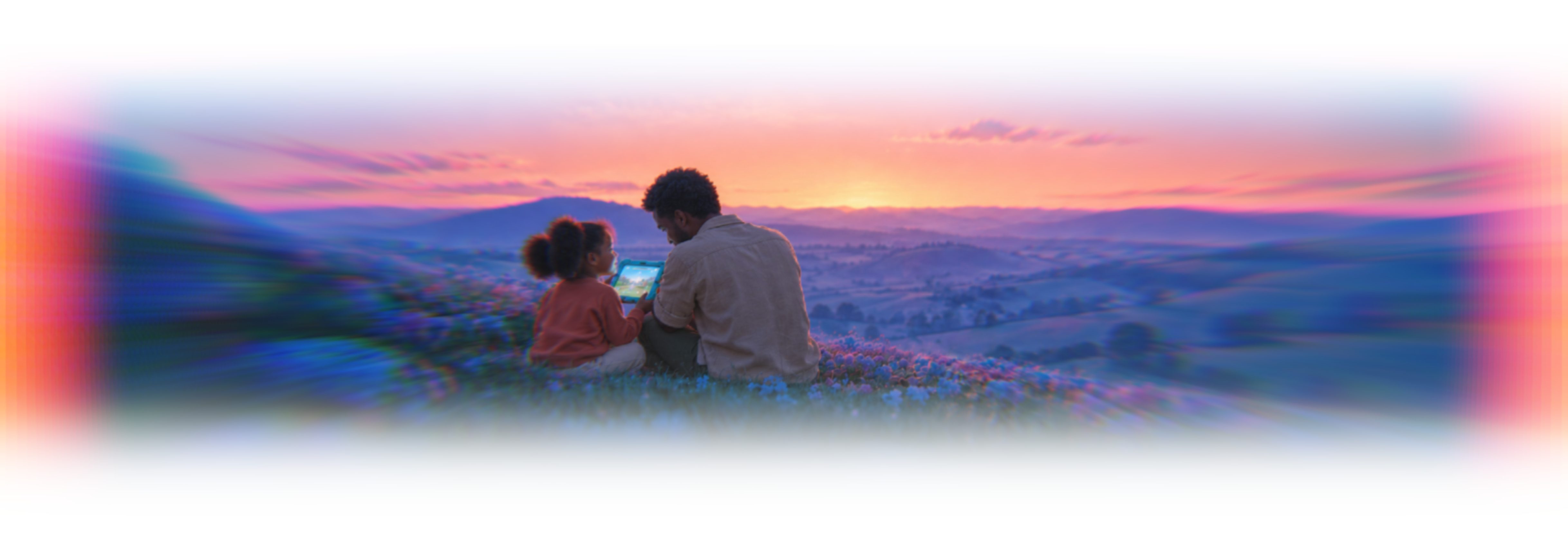 A parent and a young child sitting on a flowering hillside at sunset, sharing a game on a tablet