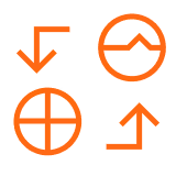 Orange icons of arrows and circular shapes symbolizing investigations or process flow.