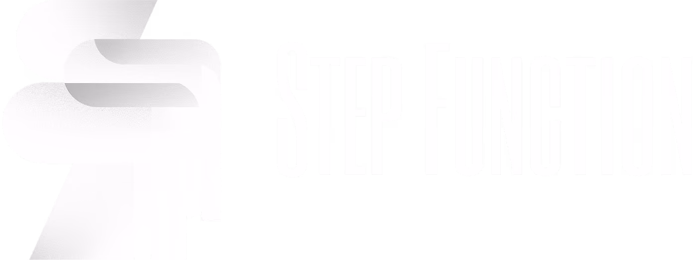 Logo with abstract layered shapes and the text 'STEP FUNCTION' in tall white letters.