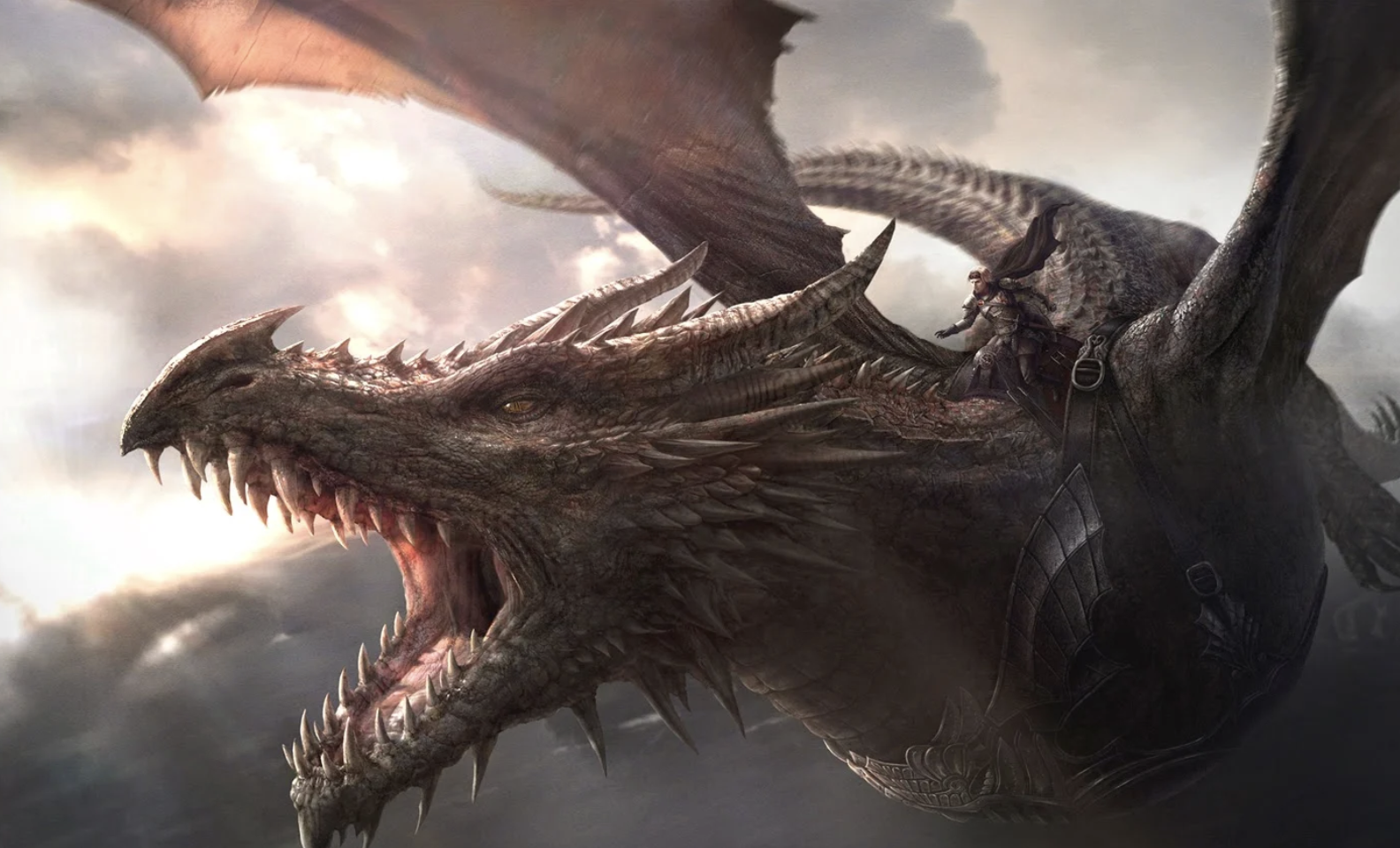 Platinum Dragon flying through the air with it's mouth wide open screeching.