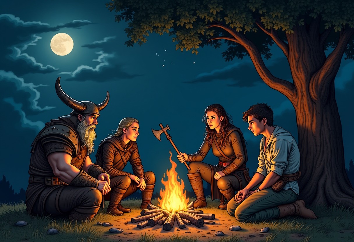 Illustration of a party of 4 in the woods with a campfire inbetween them with a full moon in the background.