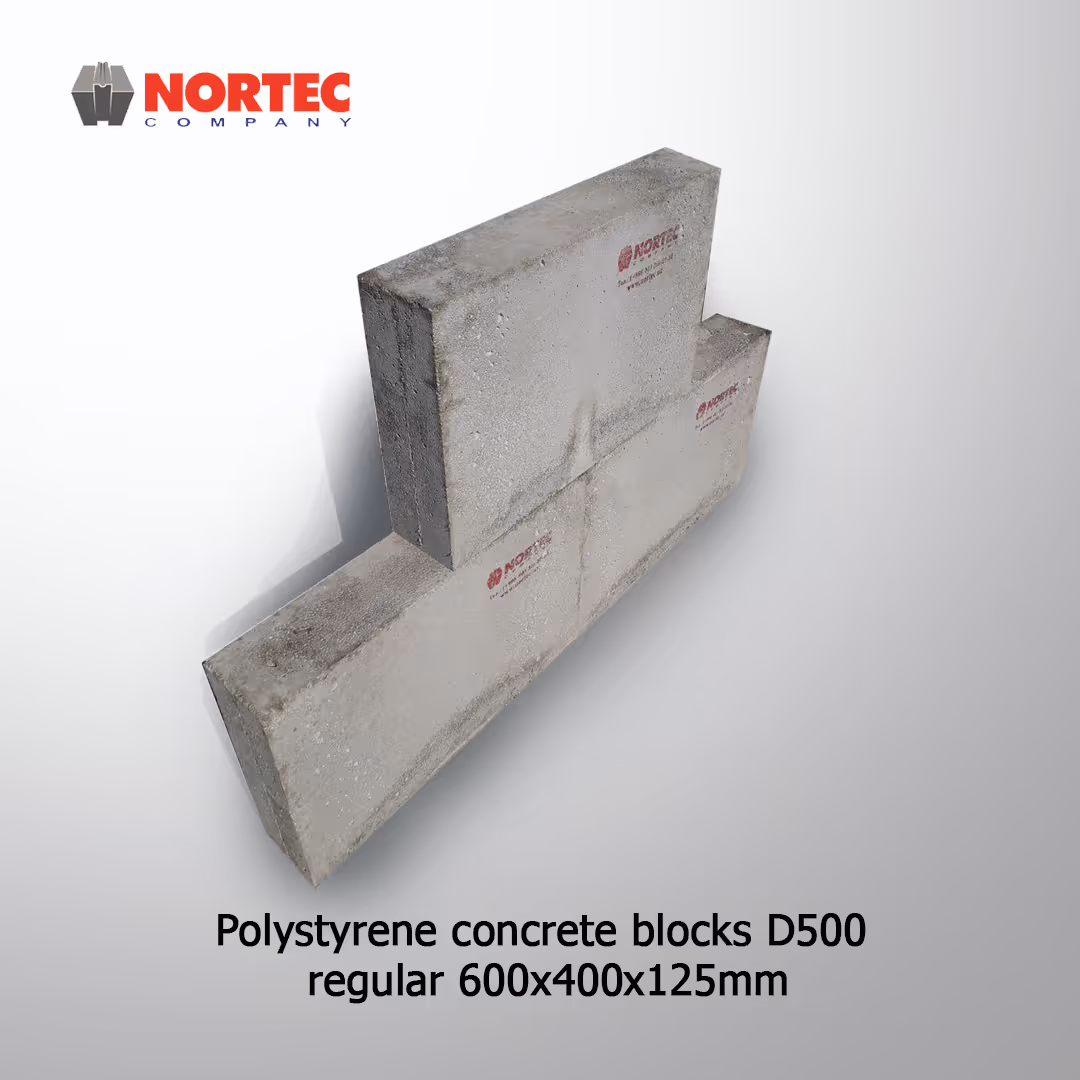 Three gray polystyrene concrete blocks with dimensions 600x400x125mm stacked, showing NORTEC Company logo.