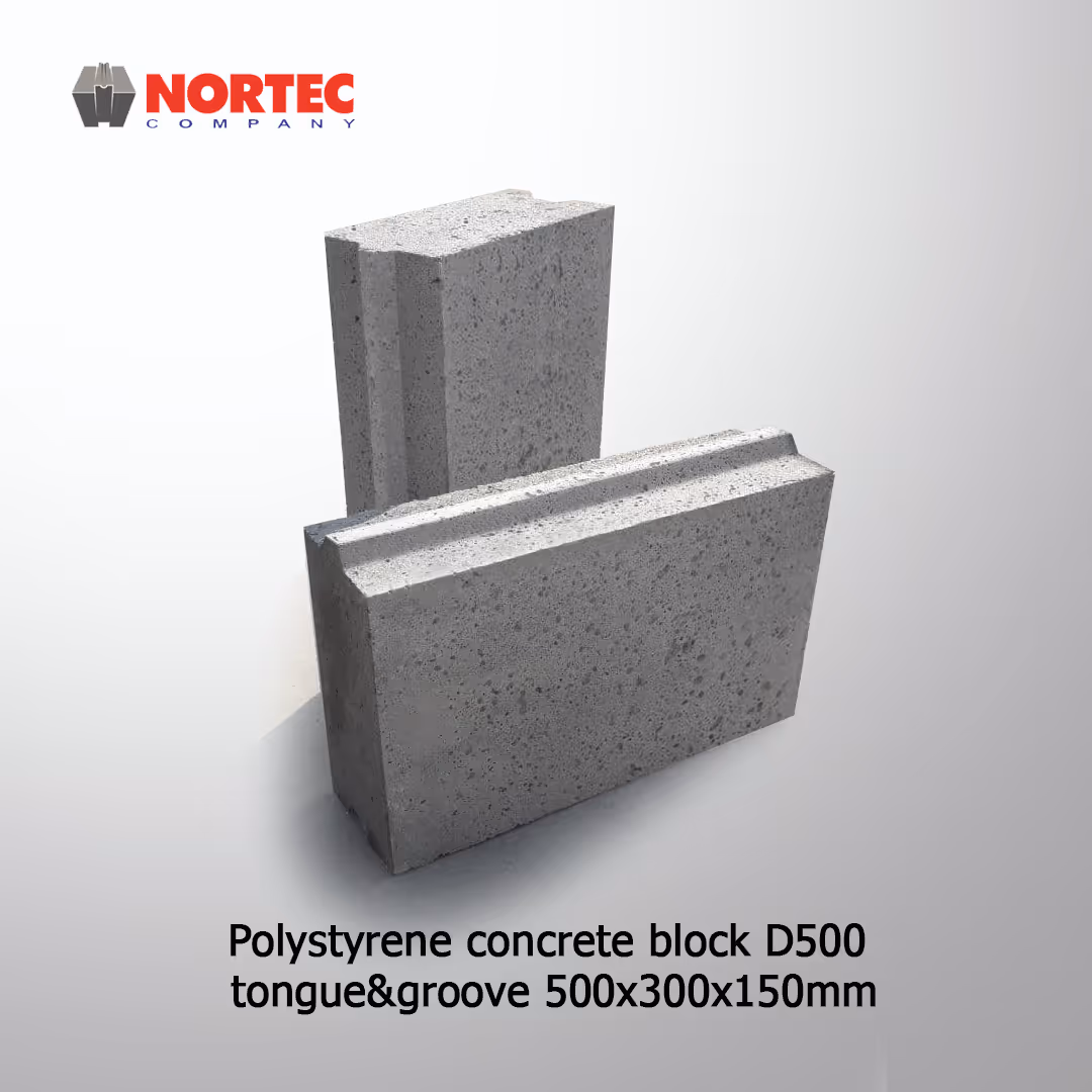 Two gray polystyrene concrete blocks with tongue and groove design, size 500x300x150mm, against a light background.