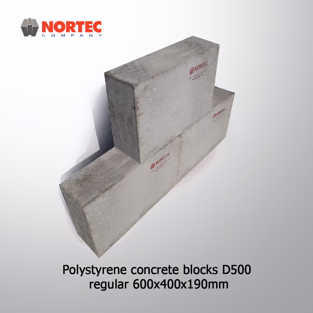 Two stacked polystyrene concrete blocks D500 with dimensions 600x400x190mm and Nortec Company logo.