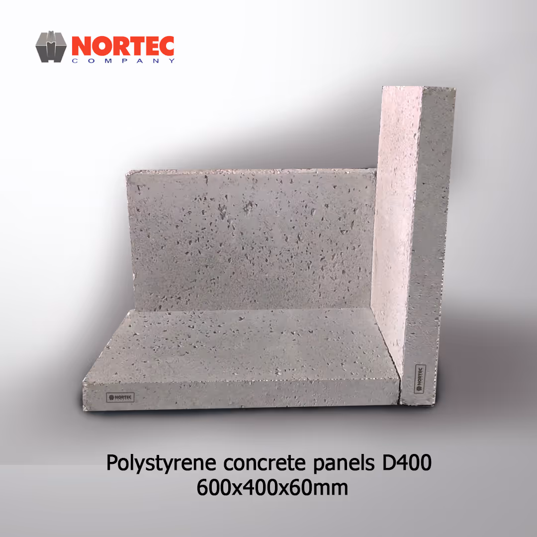 Two gray polystyrene concrete panels joined at a right angle, labeled with dimensions 600x400x60mm.