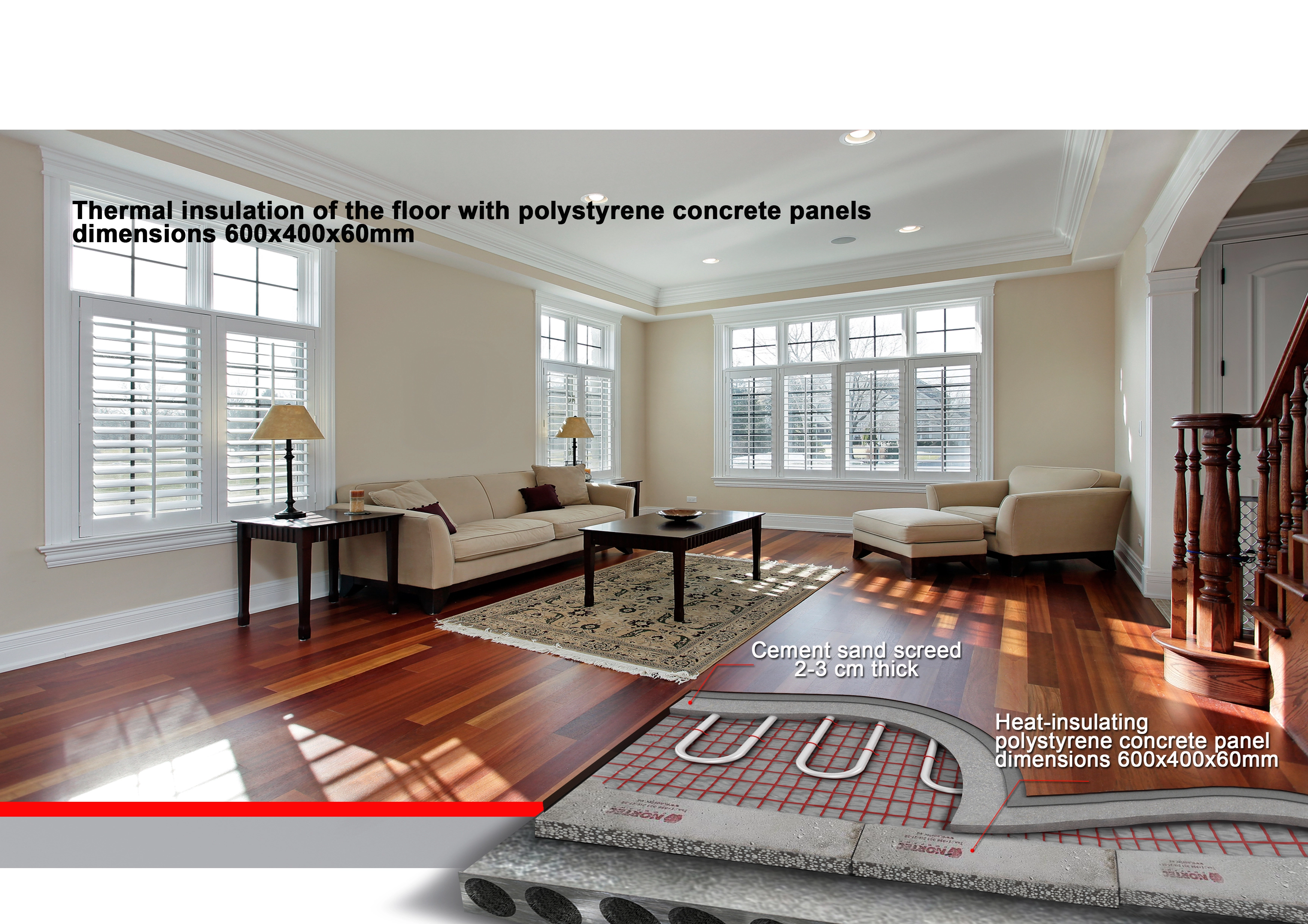 Spacious living room with beige sofas, wooden floor, and a cutaway view showing floor insulation layers including cement sand screed and polystyrene concrete panels.
