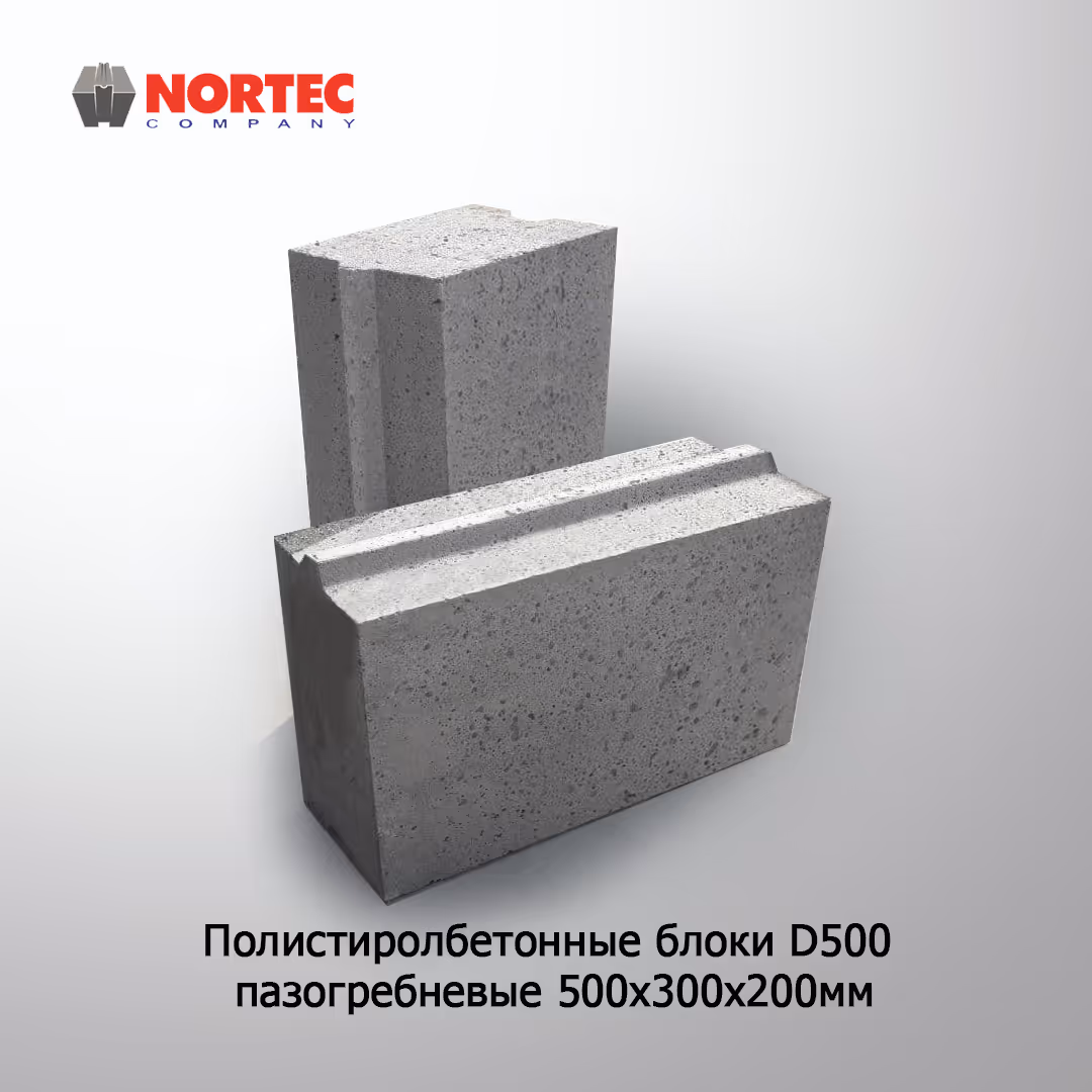 Two gray polystyrene concrete blocks D500 with tongue and groove, sized 500x300x200 mm, on a light gray background with NORTEC Company logo.