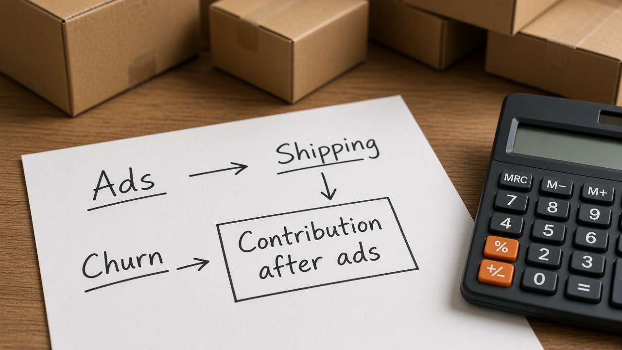 Handwritten diagram of ads, churn, and shipping into contribution after ads beside a calculator