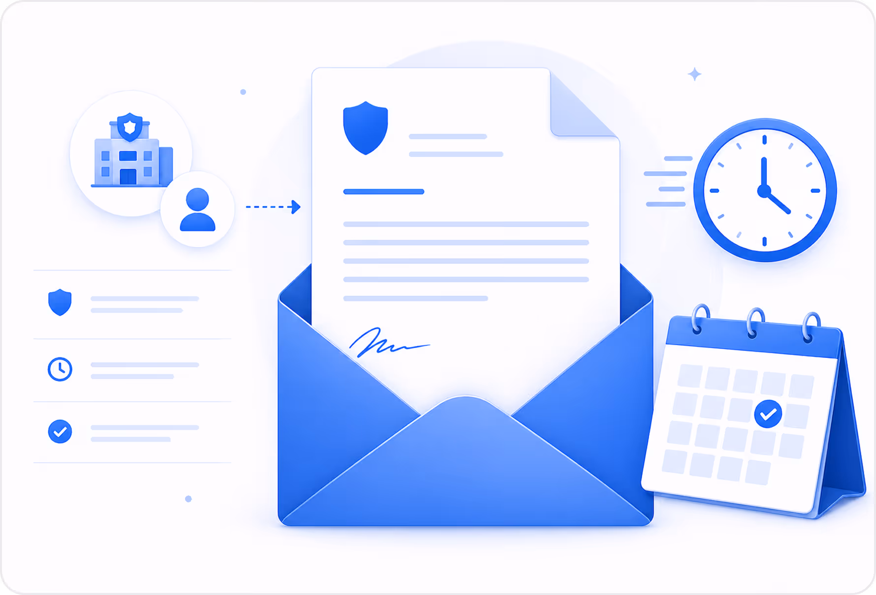 Illustration of a secured document in an envelope, with icons representing security, user access, a clock, and a calendar with a checkmark.