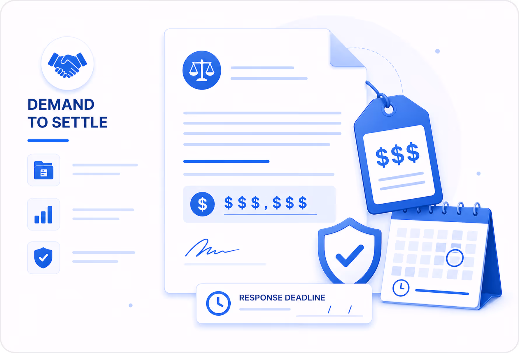 Illustration of a legal demand to settle document with price tags, a calendar marked with a deadline, and icons representing agreement, financial data, and protection.