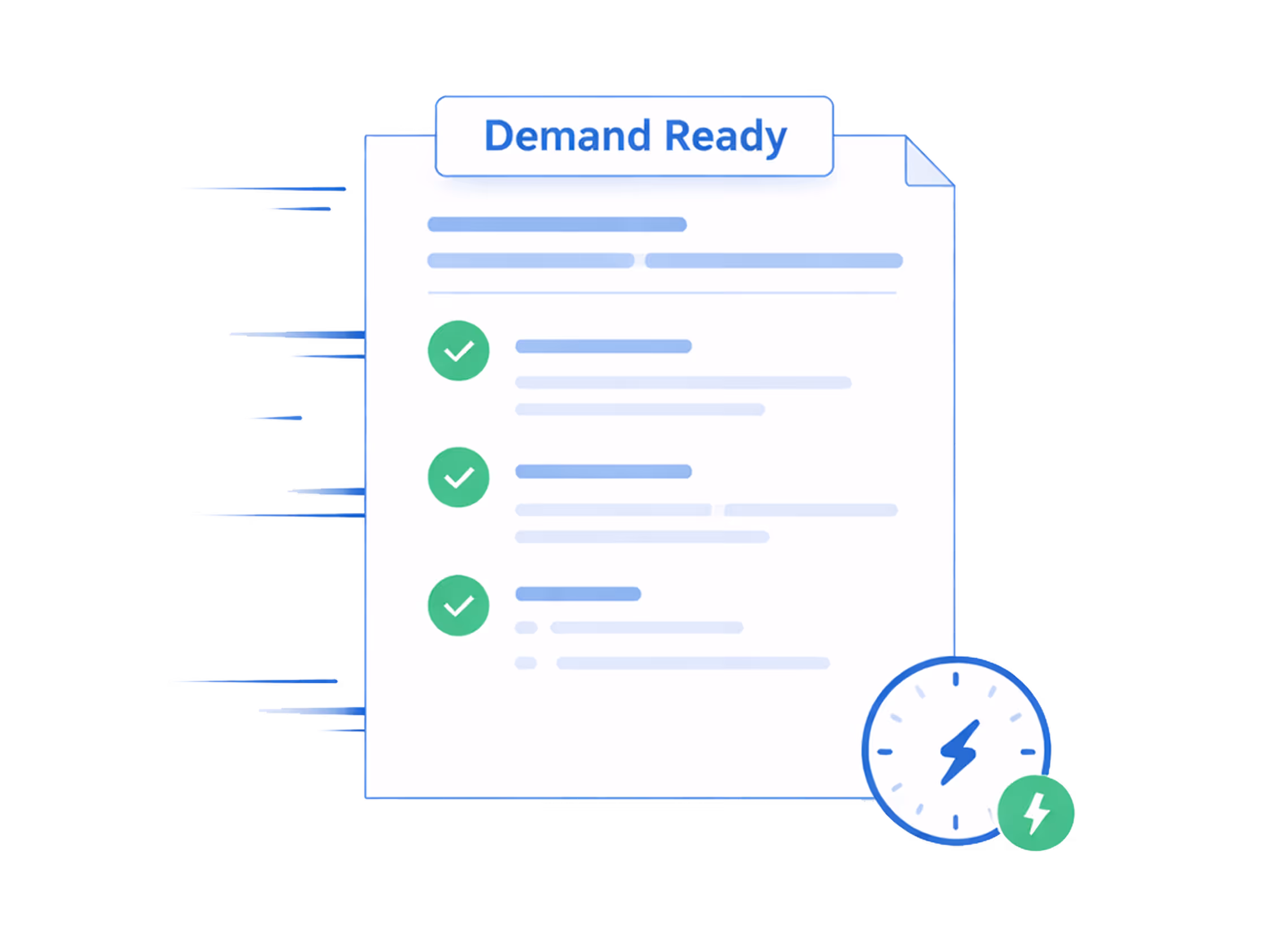 Document titled Demand Ready with three green check marks and an icon of a clock with a lightning bolt indicating fast processing.