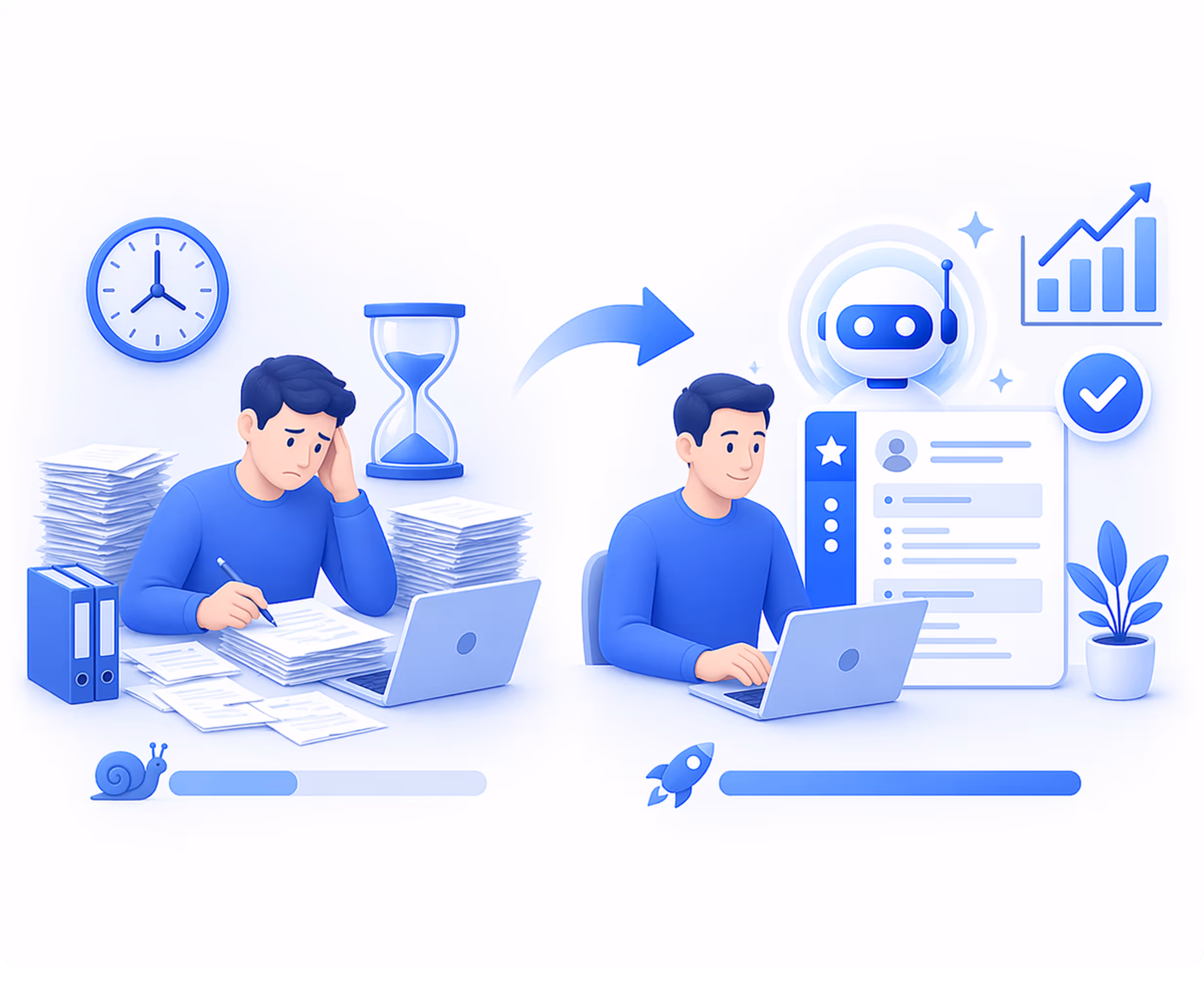 Illustration showing a stressed man overwhelmed with paperwork on the left and a relaxed man working efficiently on a laptop with AI support on the right, symbolizing increased productivity.