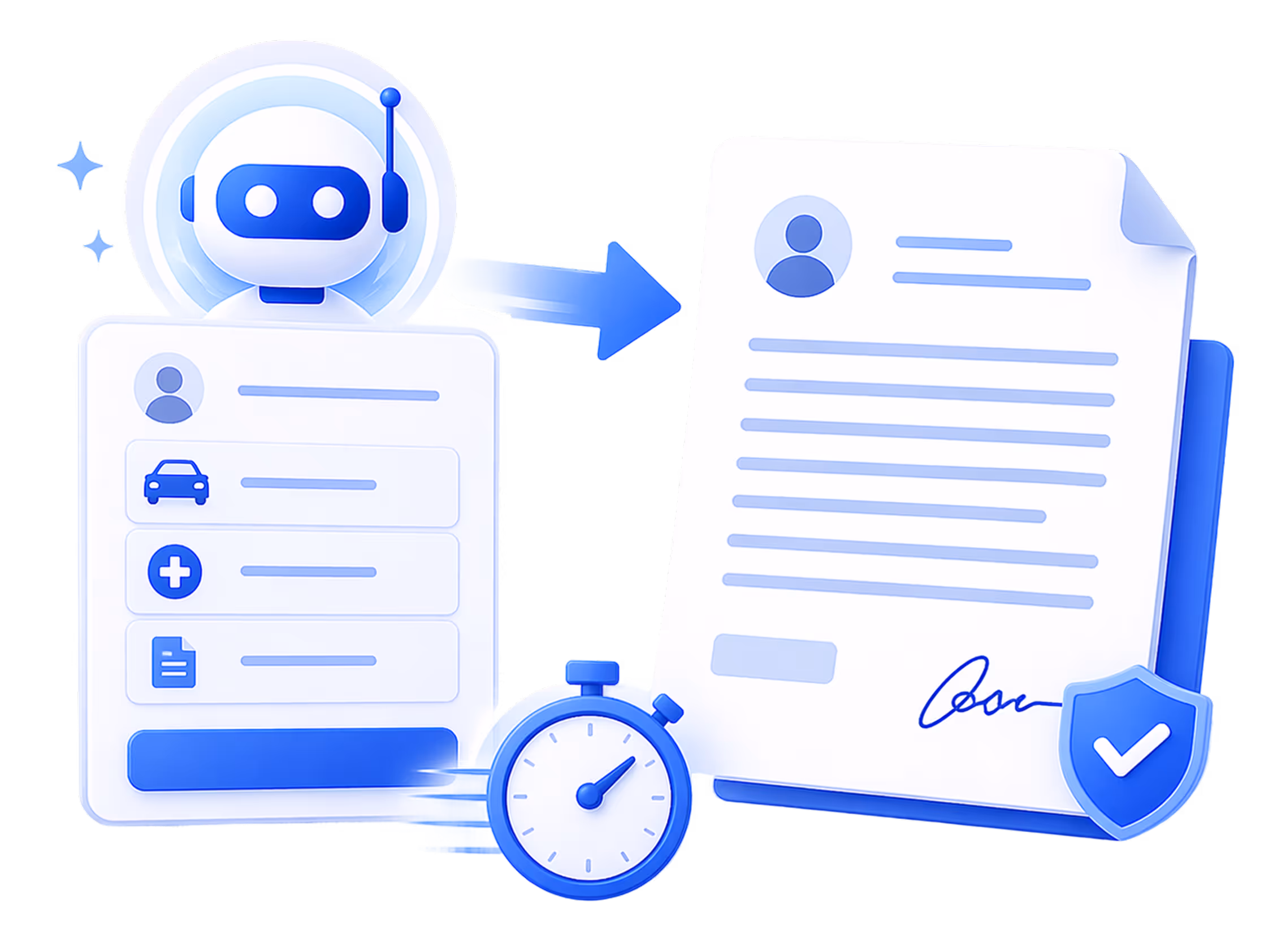Illustration of a robot generating a signed document quickly, symbolized by profile and insurance icons, an arrow, and a stopwatch.