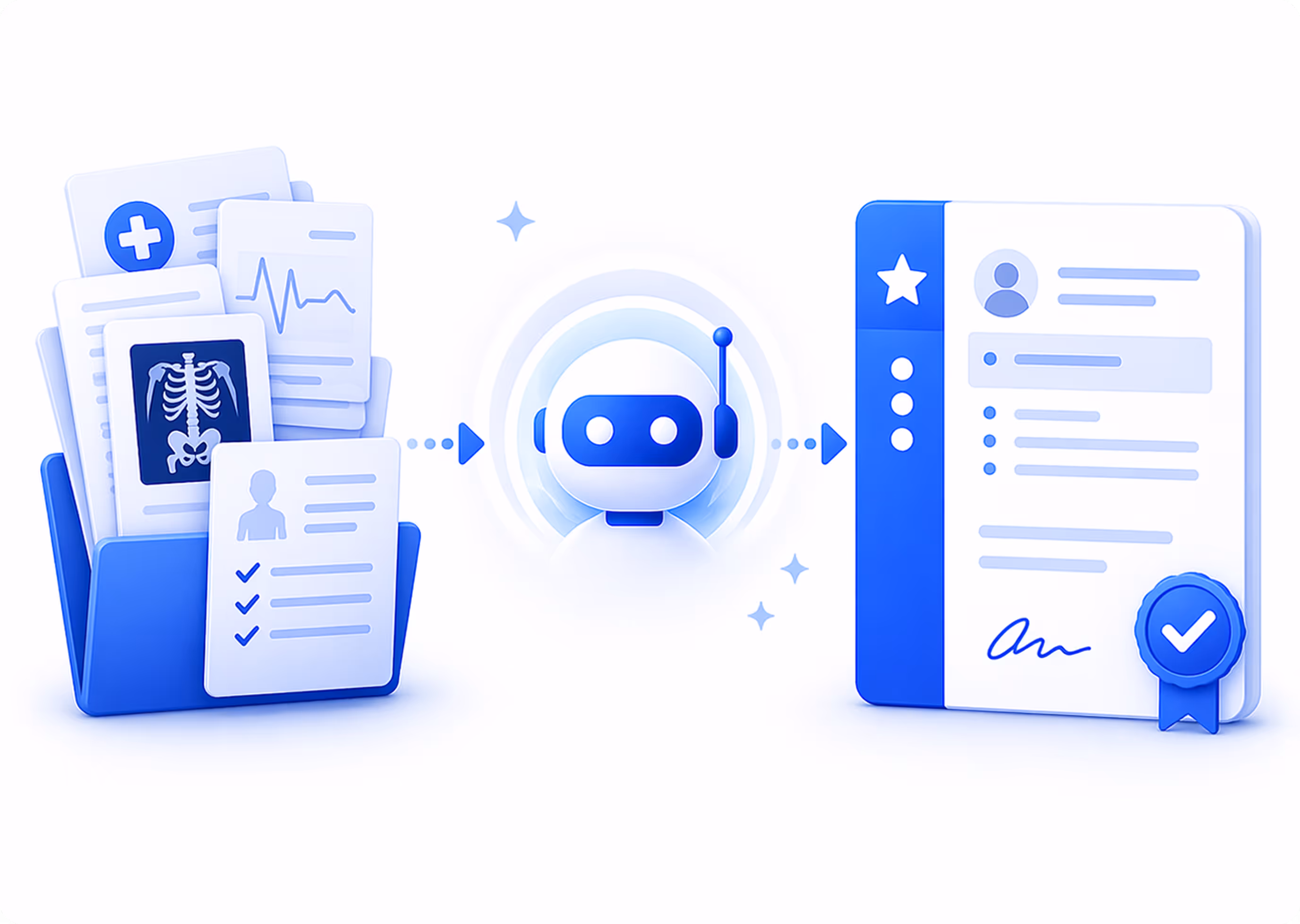 Illustration showing medical records on the left, a robot icon in the center, and a completed document with a checkmark and signature on the right, symbolizing automation of medical records into a finalized report.
