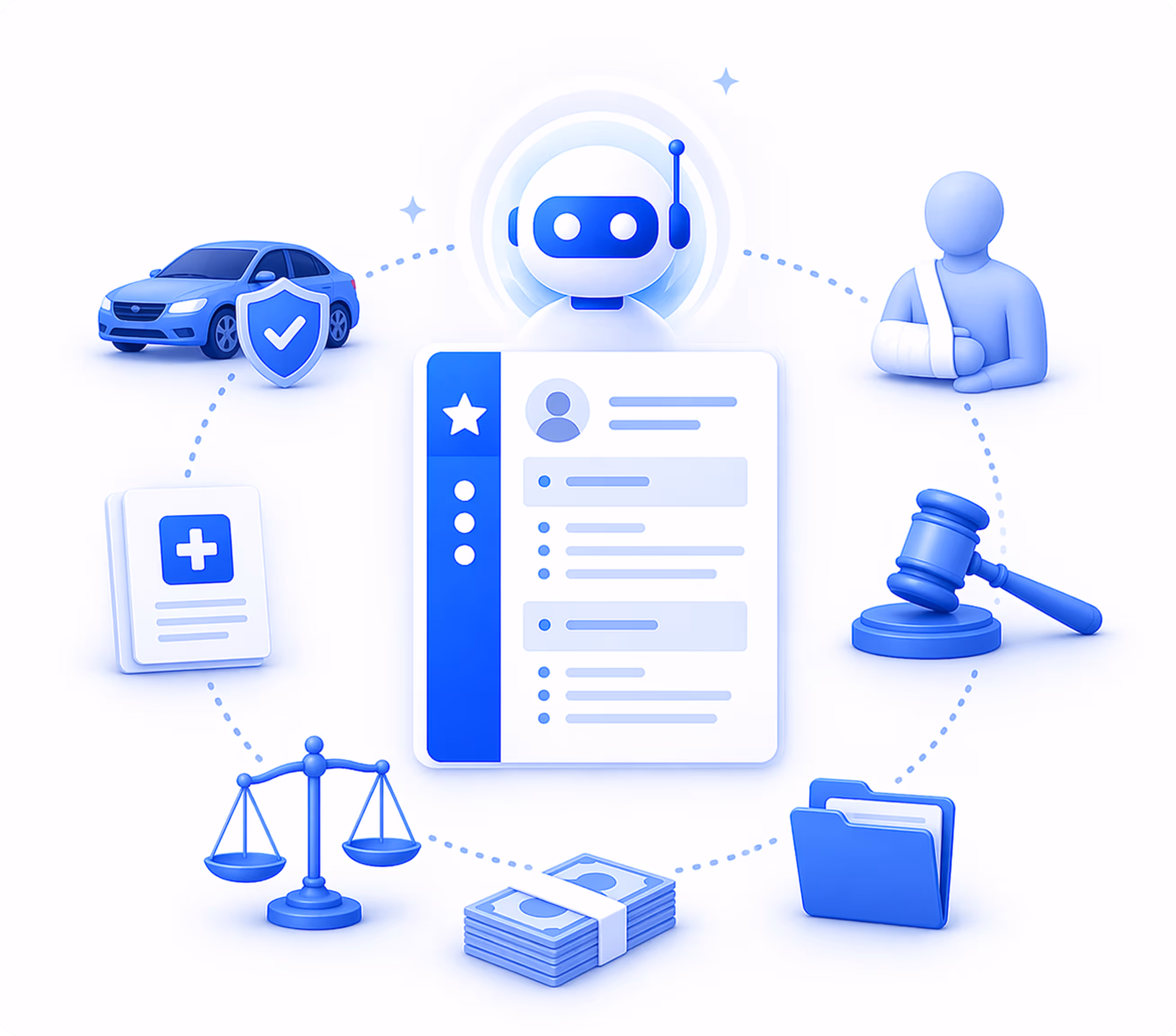 Central chatbot icon with a user profile card surrounded by icons of a car with shield, injured person, gavel, file folder, money stack, and justice scales representing personal injury demand workflow.