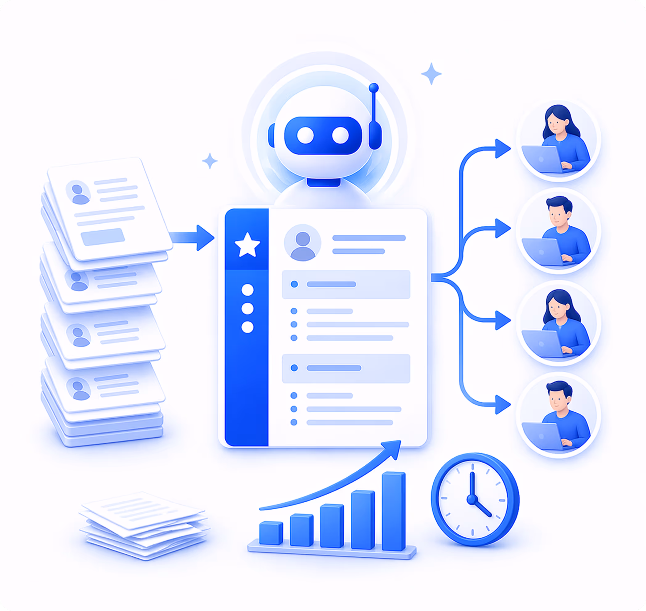 Illustration of a robot processing stacked documents and distributing information to four people on laptops, with a clock and a rising bar chart.