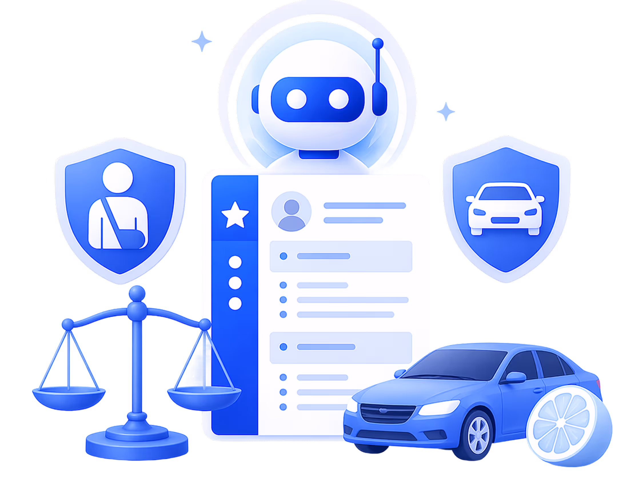 Illustration of a robot generating a signed document quickly, symbolized by profile and insurance icons, an arrow, and a stopwatch.