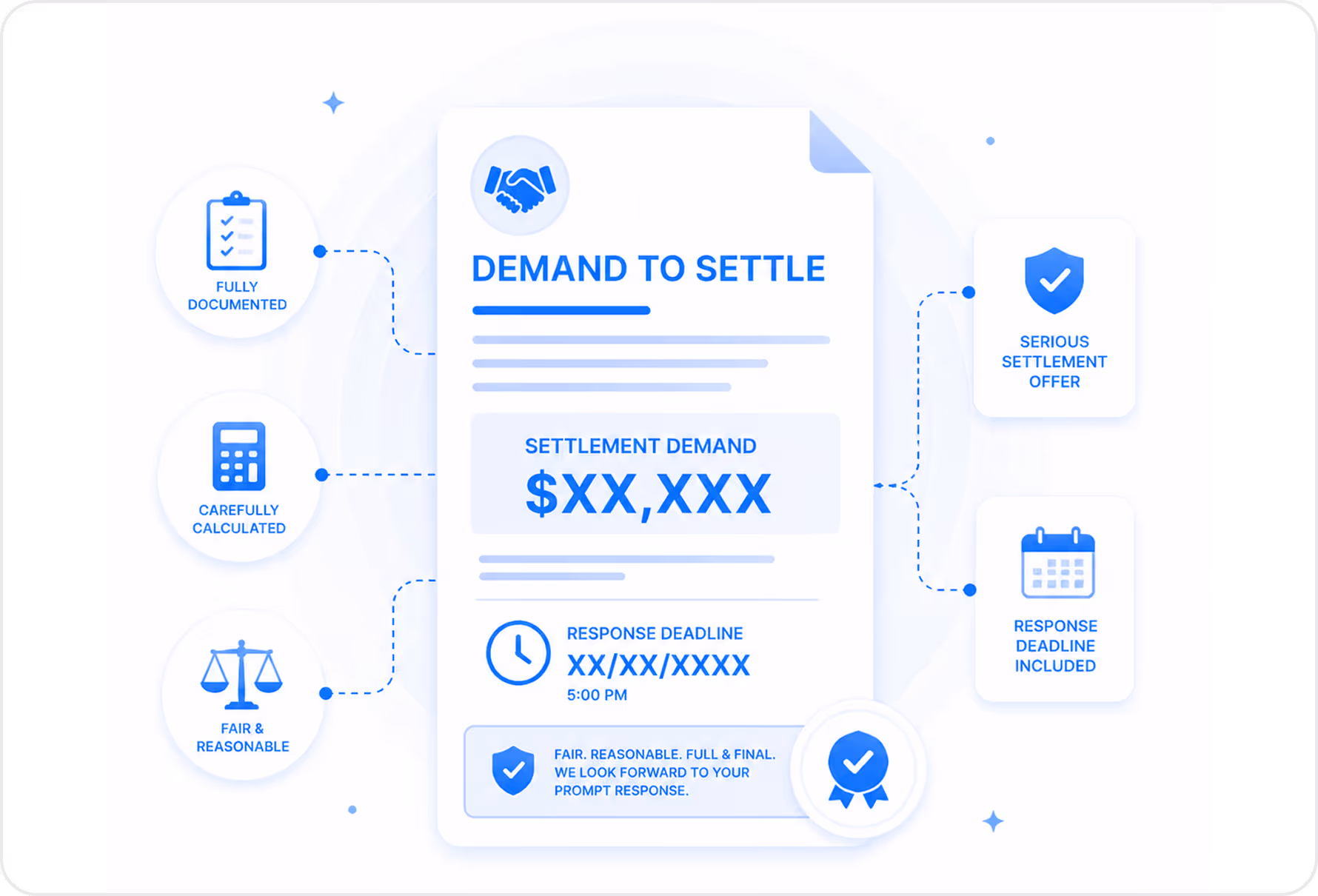 Document titled Demand to Settle showing a settlement demand amount, response deadline, and notes it is fully documented, carefully calculated, fair and reasonable, with a serious settlement offer and response deadline included.