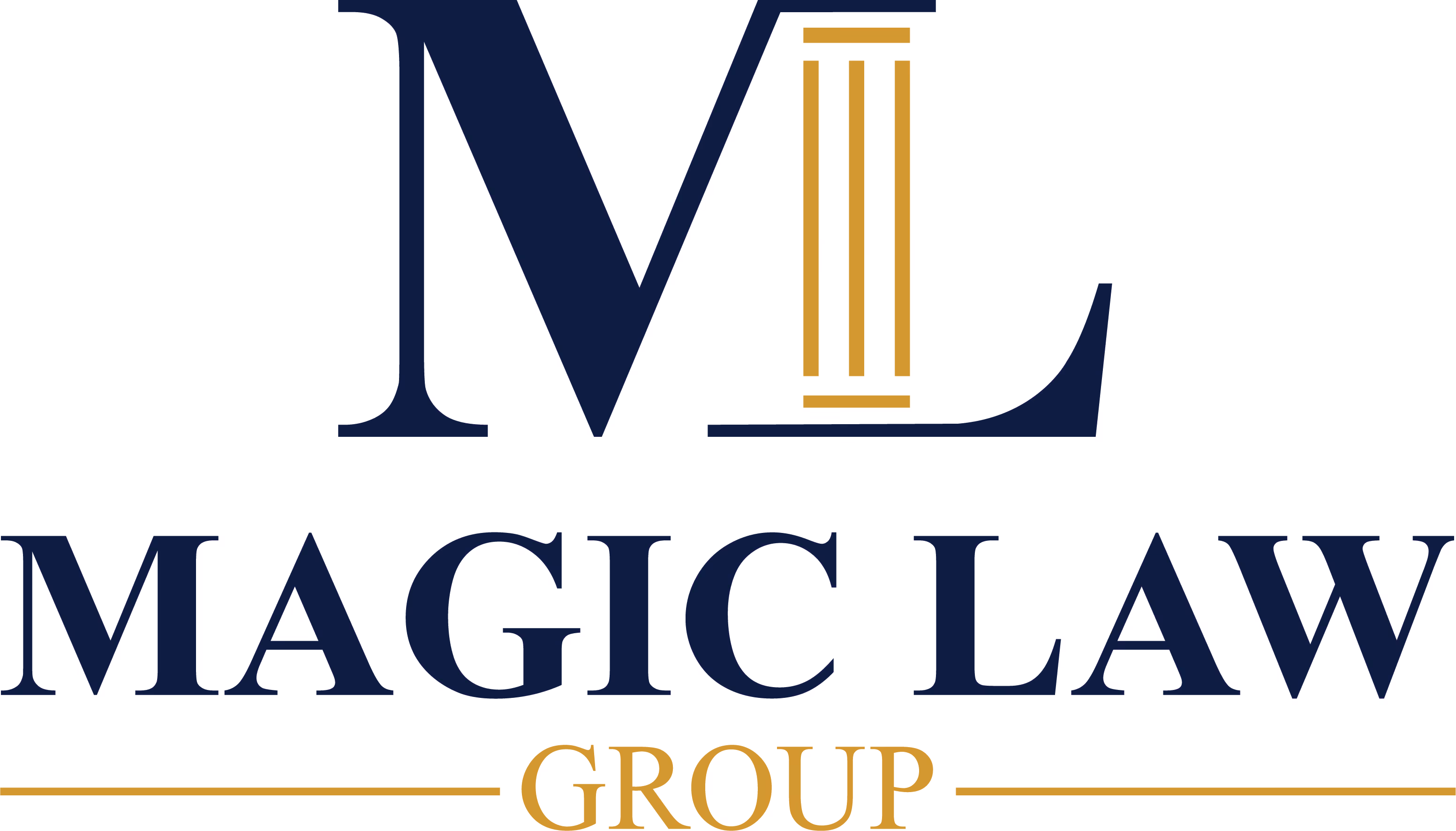 Logo for Magic Law Group featuring a stylized ML monogram with a gold column, and the words 'MAGIC LAW' in dark blue and 'GROUP' in gold beneath a horizontal gold line.